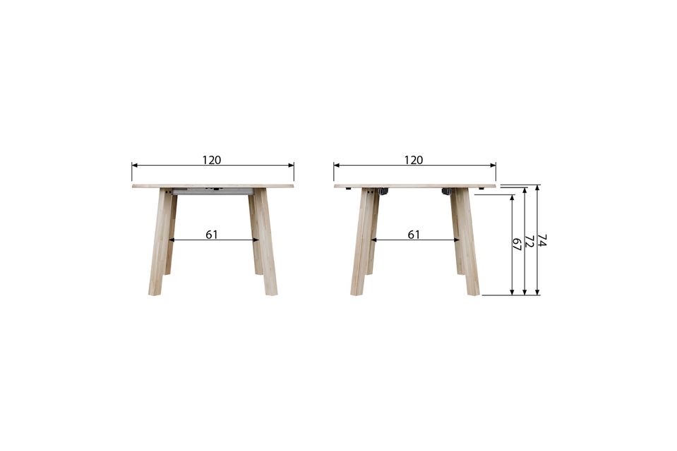 El grosor de la tapa es de 24 mm y la altura total de la mesa es de 74,3 cm