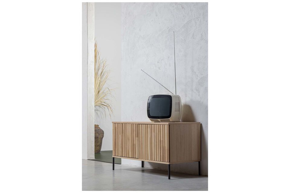 Nuevo soporte para TV, chapado en roble beige y metal negro, práctico y versátil