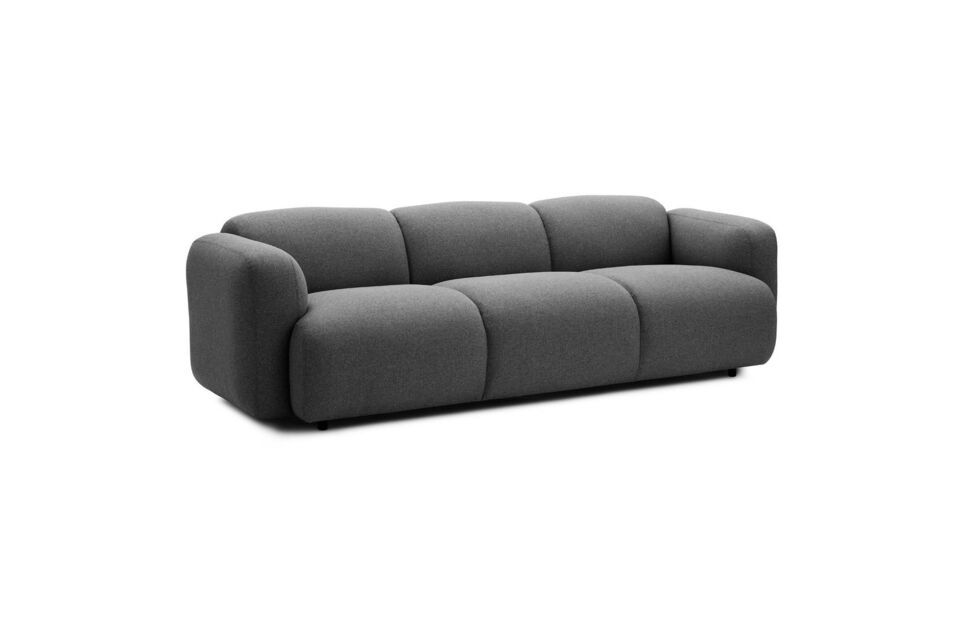 Este sofá de tres plazas se distingue por sus cojines suaves y agradablemente acolchados con