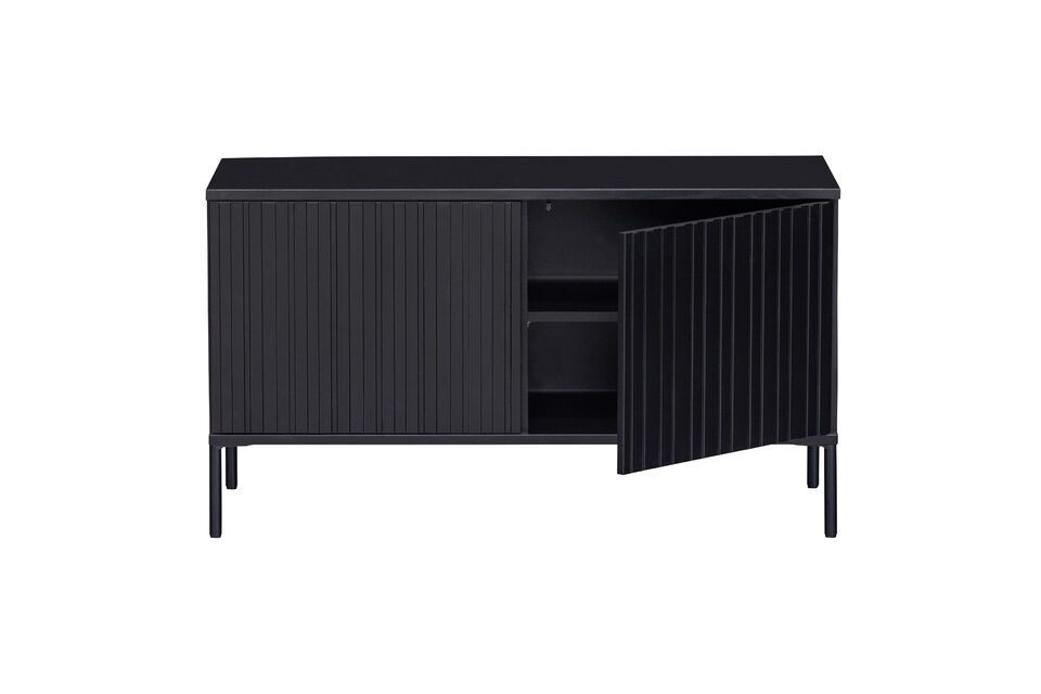 Nuevo soporte de TV de madera negra, modernidad, aspecto contemporáneo y ergonomía